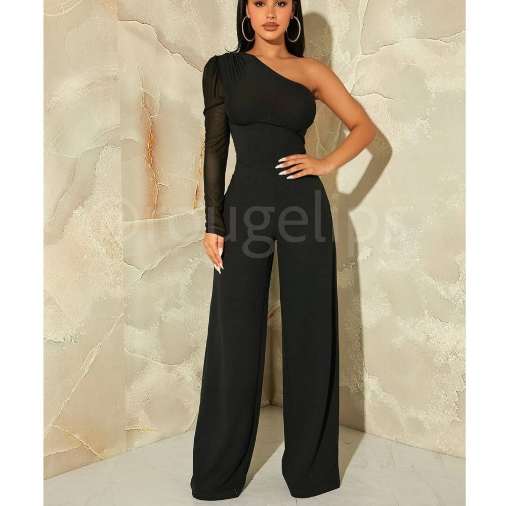 One Mesh Shoulder Black Elegant Jumpsuit High Waist Long Wide Leg